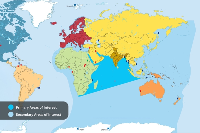 India's areas of maritime interest as defined in the Indian Navy's 2015 Maritime Security Strategy, Ensuring Secure Seas. The IRIS Dena was sunk in Sri Lankan waters — squarely within the "Primary Area of Interest."
