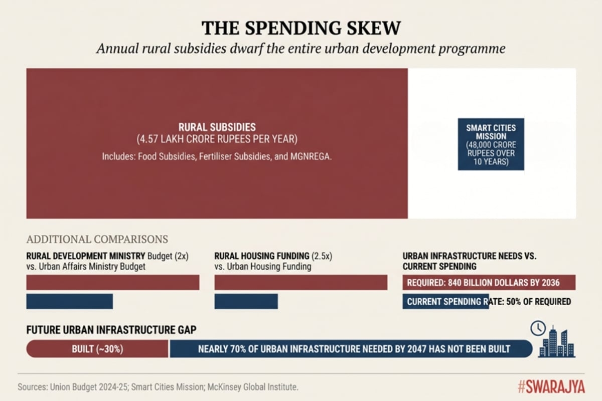 वार्षिक ग्रामीण सब्सिडी बिल पूरे दशक भर के स्मार्ट सिटी बजट से दस गुना अधिक है, जो दर्शाता है कि कैसे एक ग्रामीण-प्रभुत्व वाली संसद उन शहरों में व्यवस्थित रूप से कम निवेश करती है जो इसे वित्तपोषित करते हैं।
