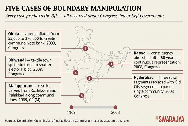 1969 से 2008 तक पूरे भारत में सीमा हेरफेर के पांच प्रलेखित मामले। प्रत्येक घटना कांग्रेस के नेतृत्व वाली या वामपंथी सरकारों के तहत हुई - वही पार्टियाँ अब रो रही हैं।